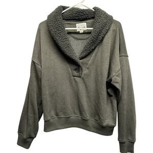 American Eagle Sherpa Collar Pullover‎ Sweatshirt M Olive Green Cozy Button Neck